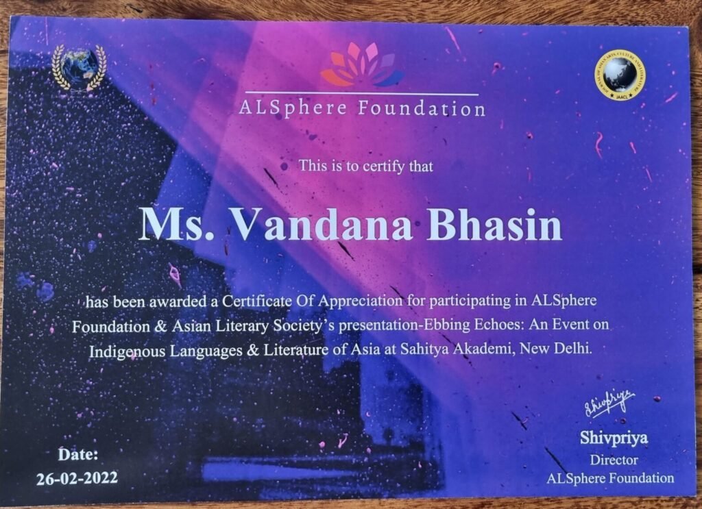 A literary award certificate presented to Vandana Bhasin