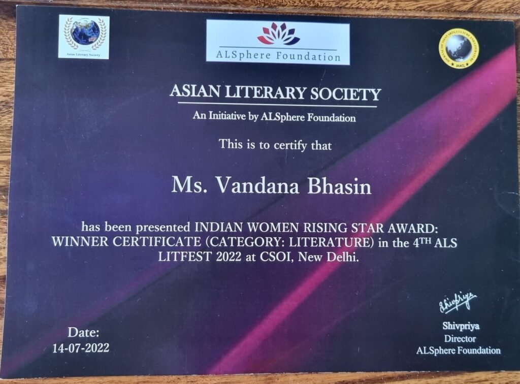 A literary award certificate presented to Vandana Bhasin