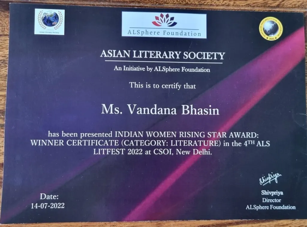 A literary award certificate presented to Vandana Bhasin
