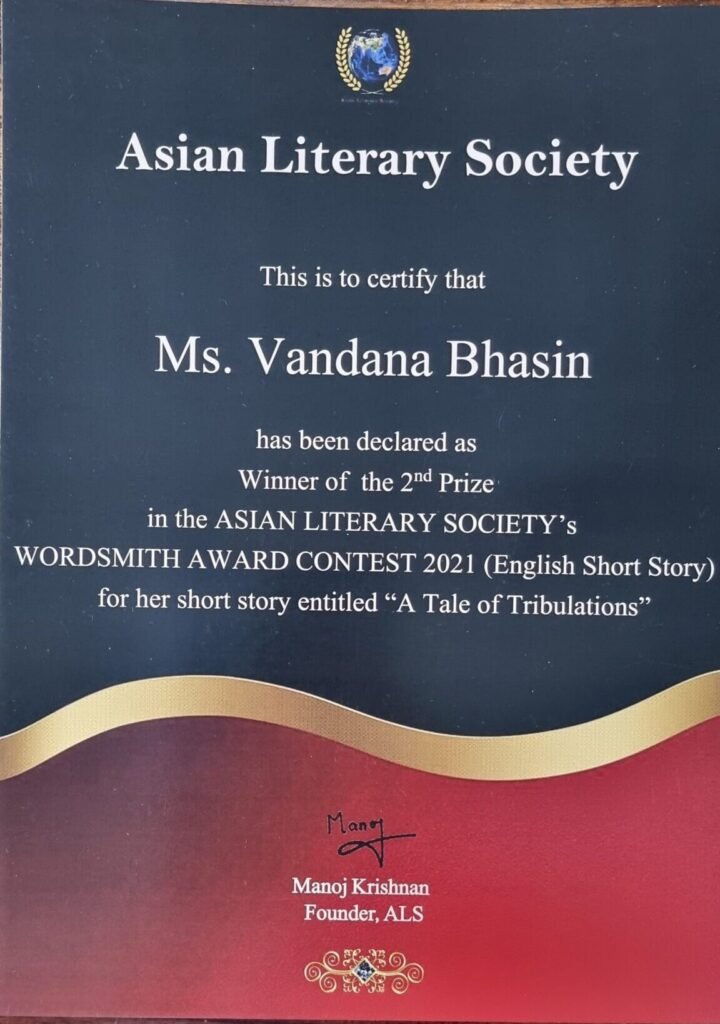 A literary award certificate presented to Vandana Bhasin