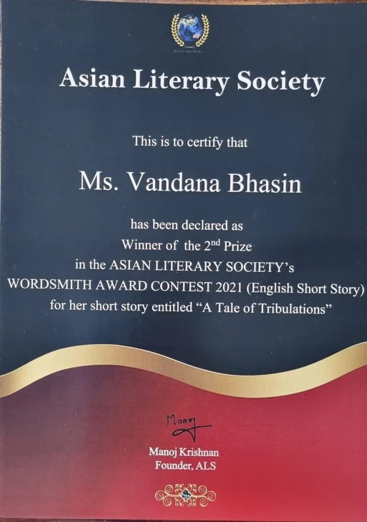 A literary award certificate presented to Vandana Bhasin