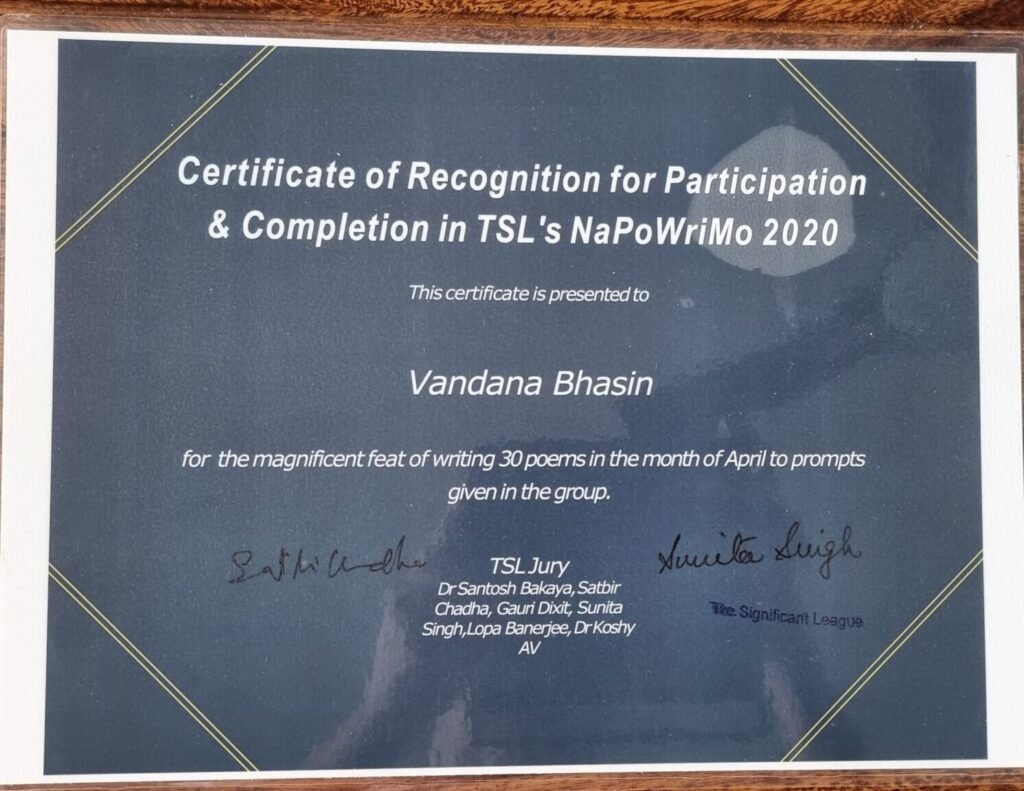 A literary award certificate presented to Vandana Bhasin