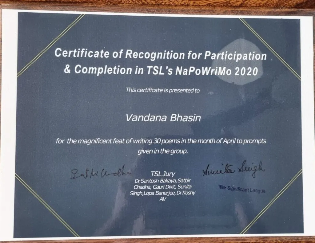 A literary award certificate presented to Vandana Bhasin