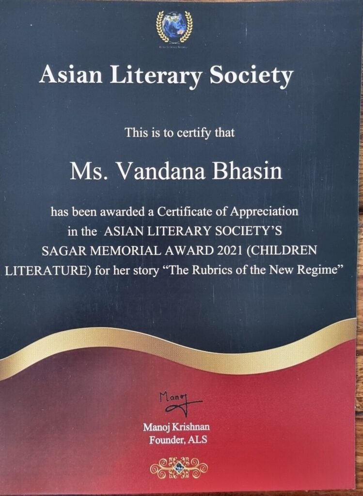 A literary award certificate presented to Vandana Bhasin