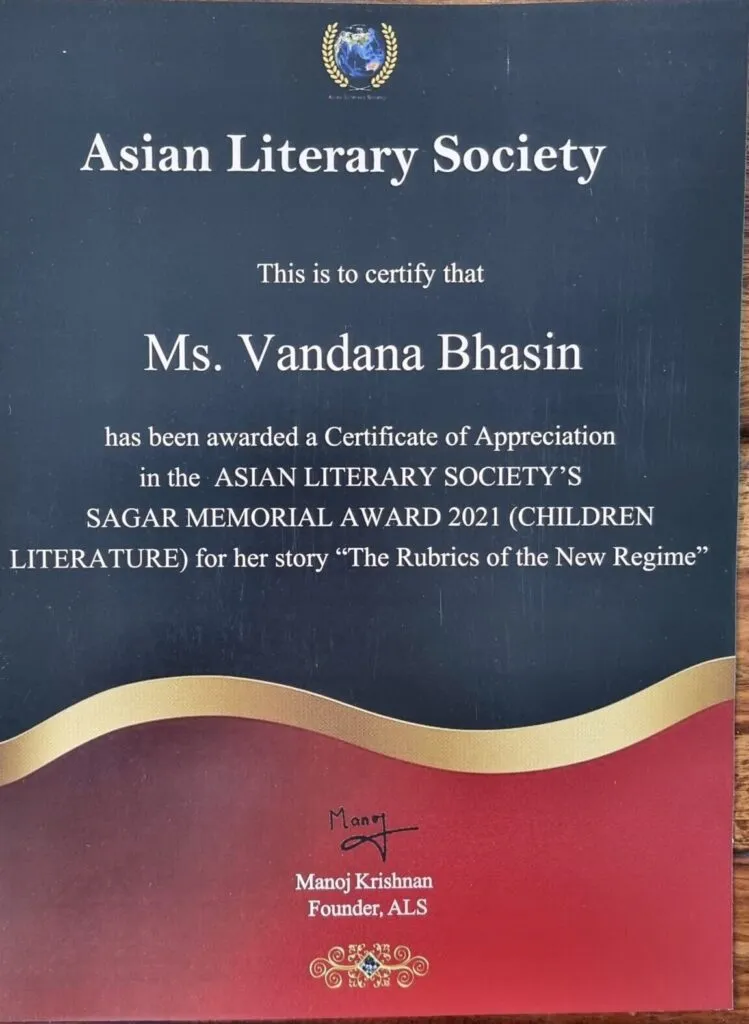 A literary award certificate presented to Vandana Bhasin