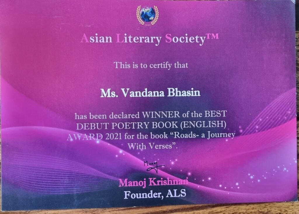 A literary award certificate presented to Vandana Bhasin