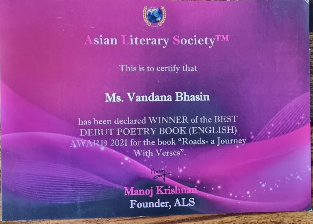 A literary award certificate presented to Vandana Bhasin