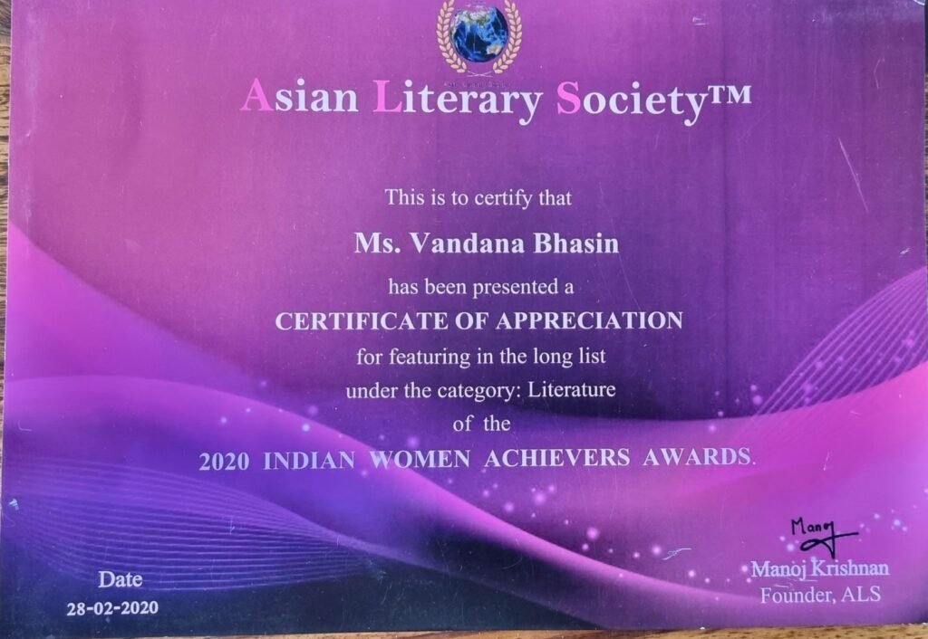 A literary award certificate presented to Vandana Bhasin