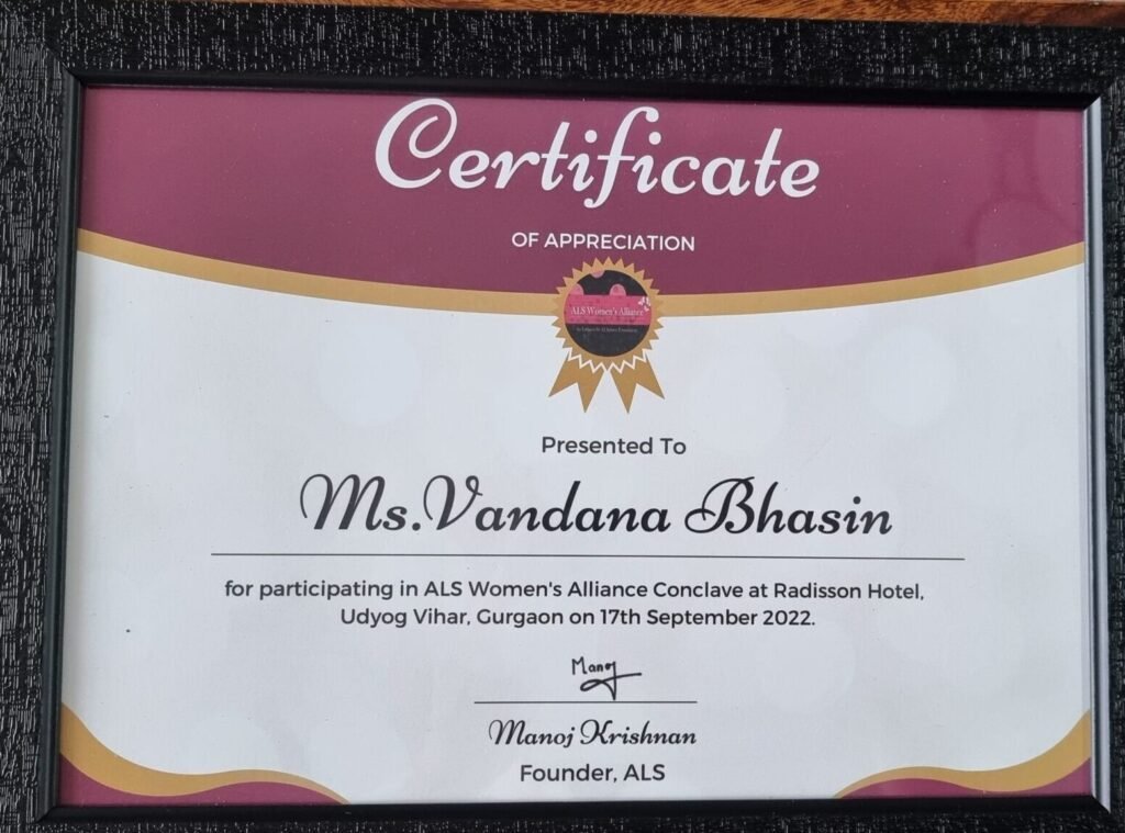 A literary award certificate presented to Vandana Bhasin