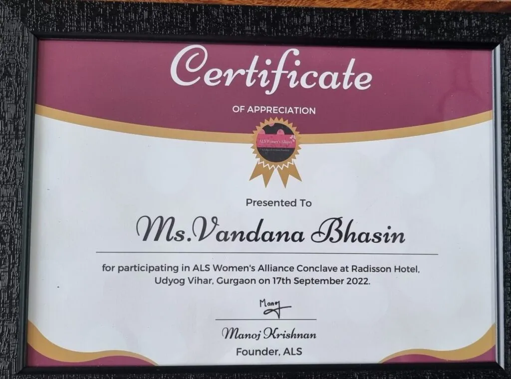 A literary award certificate presented to Vandana Bhasin