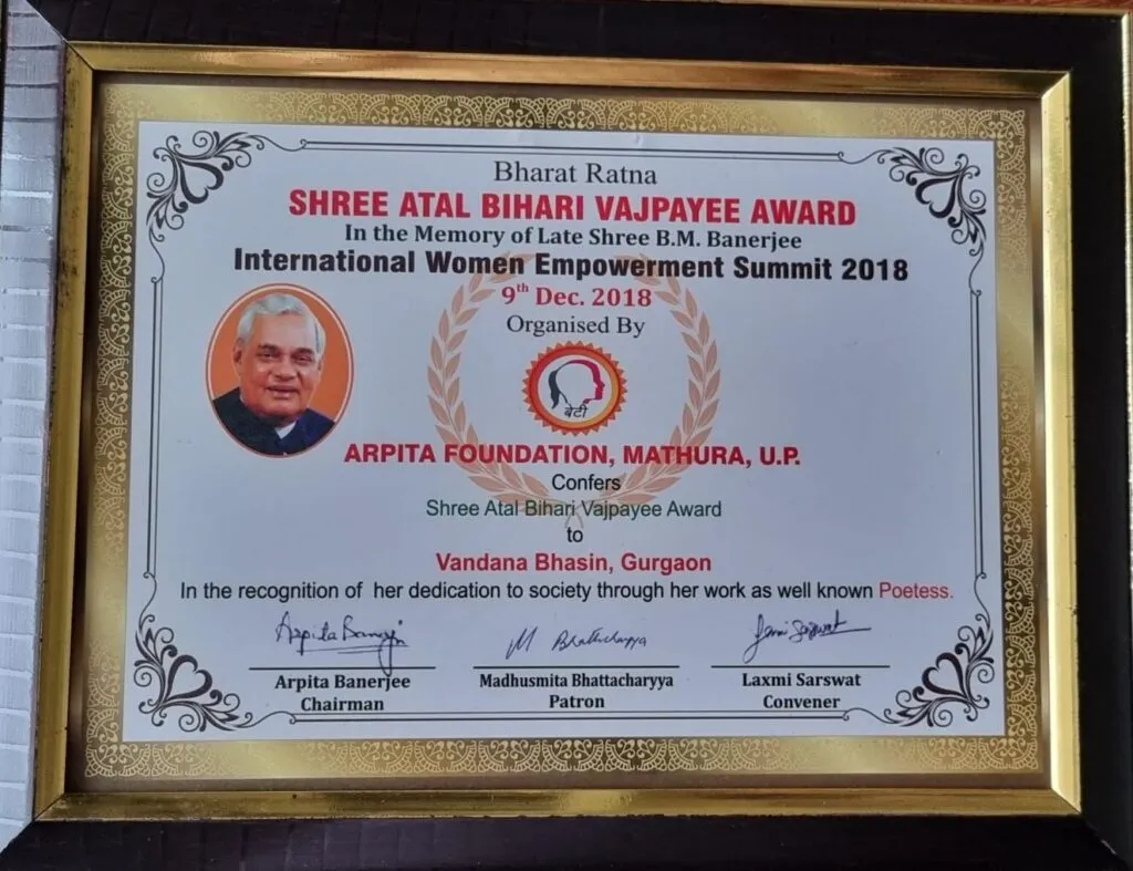 A literary award certificate presented to Vandana Bhasin