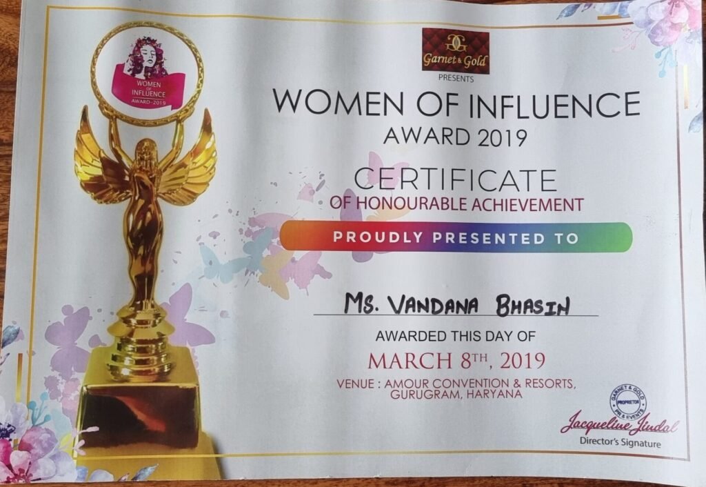 A literary award certificate presented to Vandana Bhasin
