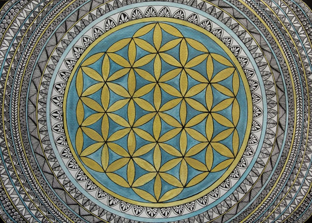 Blessings of the Universe, teal and gold Flower of Life mandala