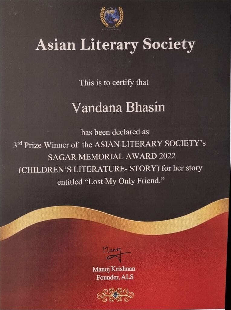 A literary award certificate presented to Vandana Bhasin