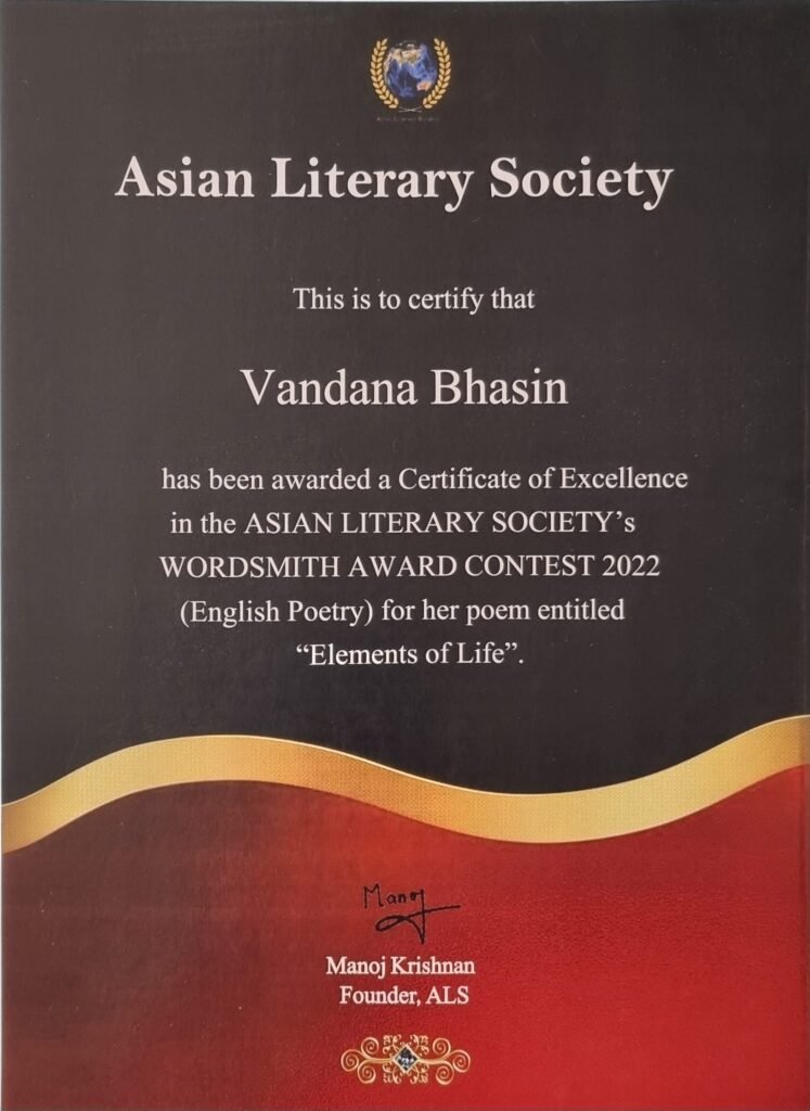 A literary award certificate presented to Vandana Bhasin