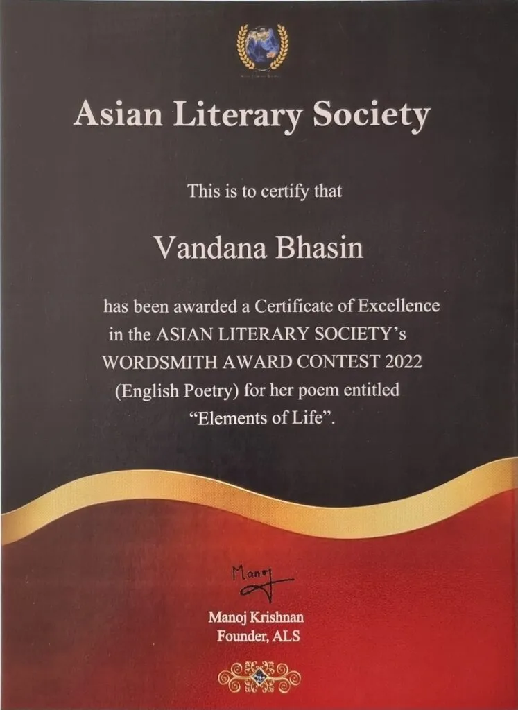A literary award certificate presented to Vandana Bhasin