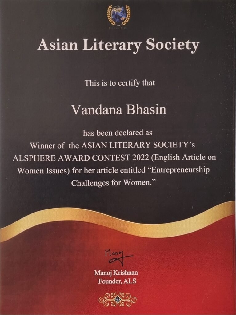 A literary award certificate presented to Vandana Bhasin