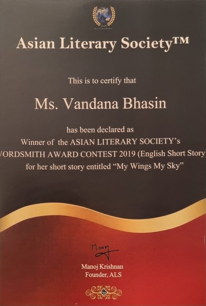 A literary award certificate presented to Vandana Bhasin