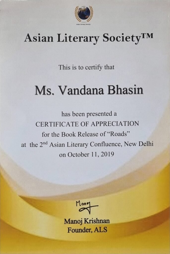 A literary award certificate presented to Vandana Bhasin