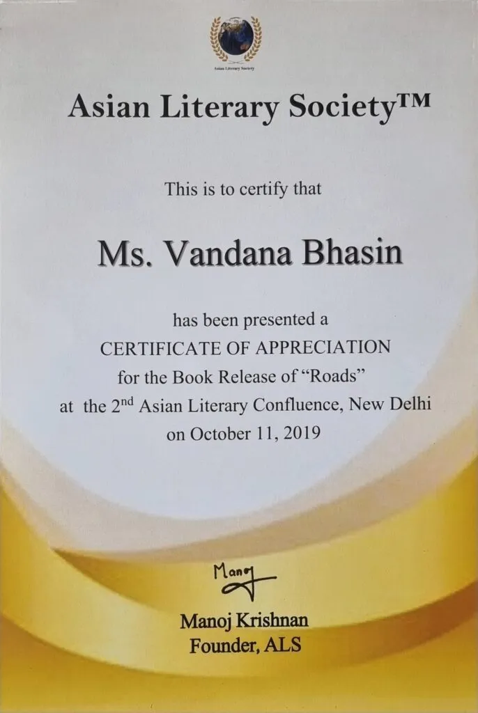 A literary award certificate presented to Vandana Bhasin