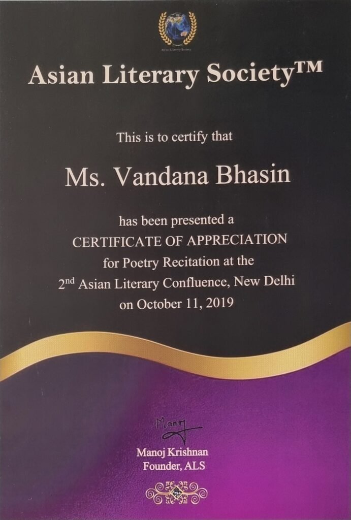 A literary award certificate presented to Vandana Bhasin