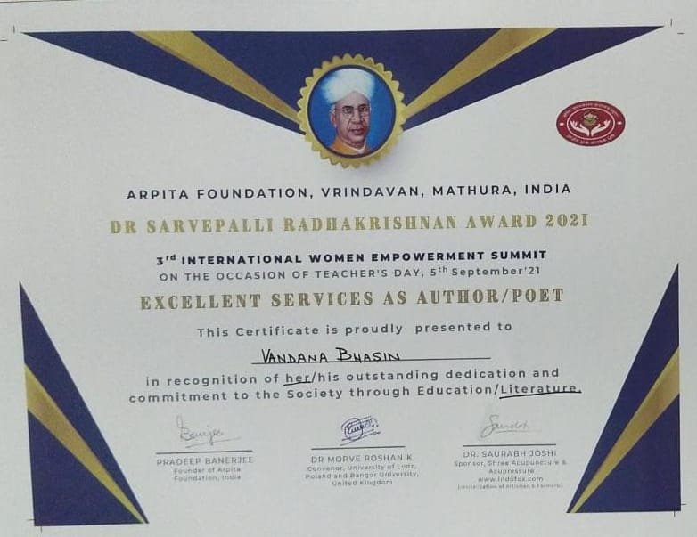 A literary award certificate presented to Vandana Bhasin