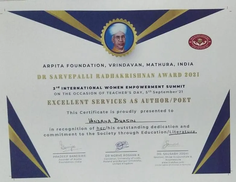 A literary award certificate presented to Vandana Bhasin